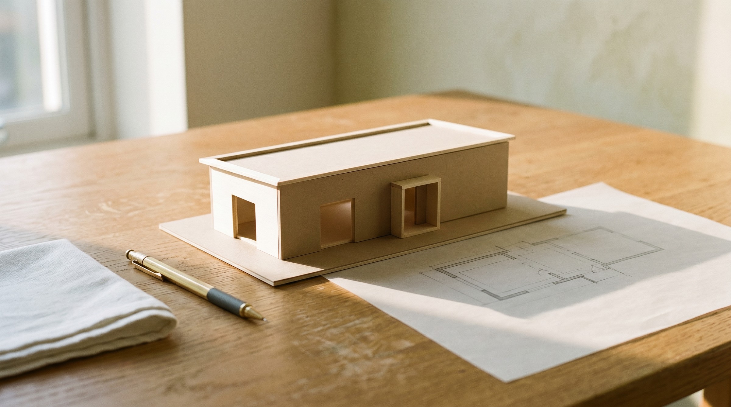 A study model of a small contemporary building on an oak drafting table beside a trace-paper plan, in soft afternoon light.